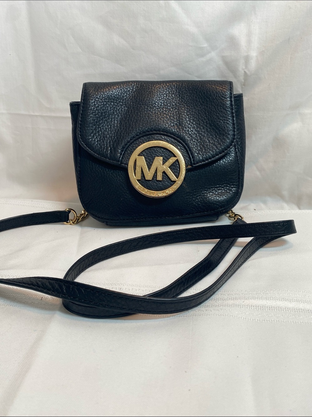 Michael Kors Fulton Black Leather Crossbody with Gold MK Medallion